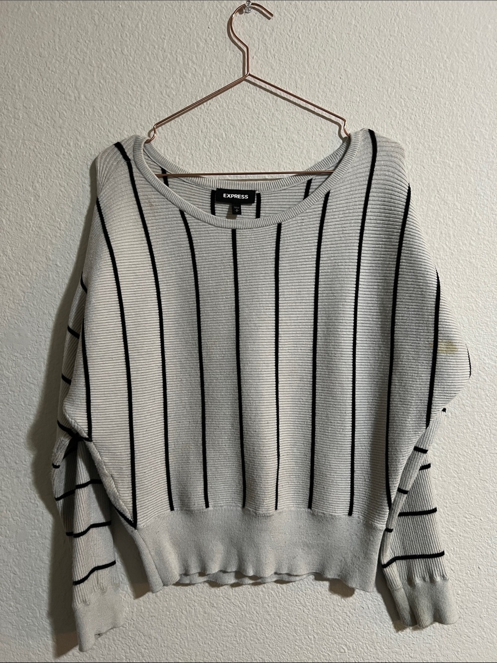 Express Cream Crewneck Sweater with Black Vertical Stripes